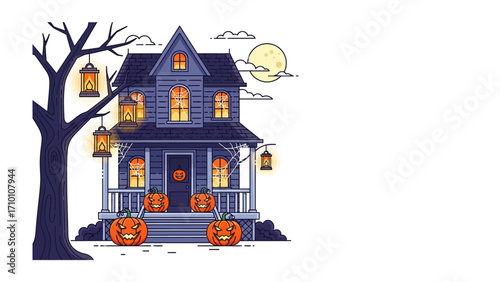 Spooky Halloween House: A cartoonish illustration showcasing a Halloween house with eerie ambiance, featuring carved pumpkins, illuminated windows.