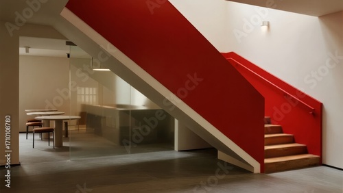 Modern interior with red staircase and minimalist design