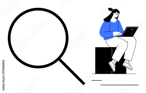 Large magnifying glass and seated woman typing on a laptop. Ideal for research, search concepts, technology, online learning, analysis, information gathering, simple flat metaphor