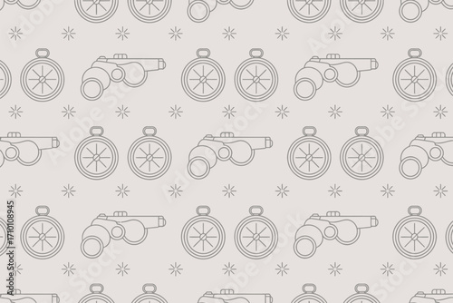 A seamless pattern featuring compasses binoculars and star shapes on a light background repeating design