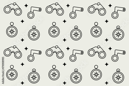 A seamless pattern of binoculars compasses whistles and stars on a light background in a simple line style