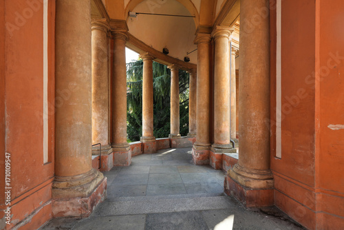Historic porticoes in Bologna leading to the Sanctuary of the Madonna of San Luca.