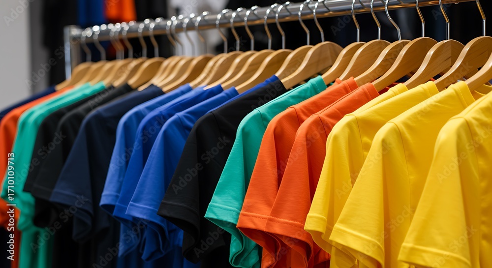 Obraz premium Row of colorful t-shirts hanging on wooden hangers clothing apparel