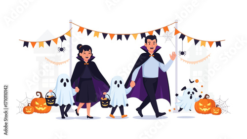 Spooky Halloween Parade: A whimsical illustration of a family, dressed in Halloween costumes, ready for trick or treat fun with spooky, festive, and joyful atmosphere.