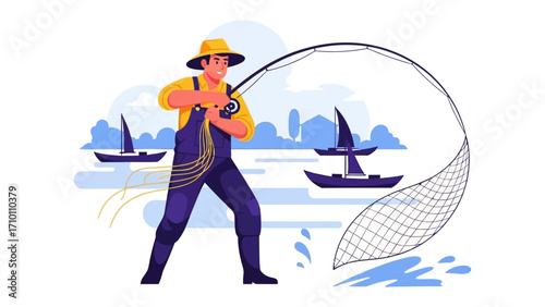 Fisherman at Sea: A lone fisherman, equipped with a fishing rod, casts a line into the boundless sea, with sailboats dotting the horizon, the essence of relaxation and perseverance.