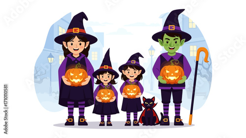 Halloween Family Gathering: A heartwarming gathering of a family in whimsical Halloween costumes. Smiling faces and glowing pumpkins. A perfect Halloween memory.