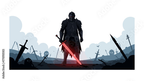 Knight in the Graveyard: A mysterious knight, clad in somber armor, stands as a silhouette amidst a bleak graveyard. A formidable longsword emanates a red glow.