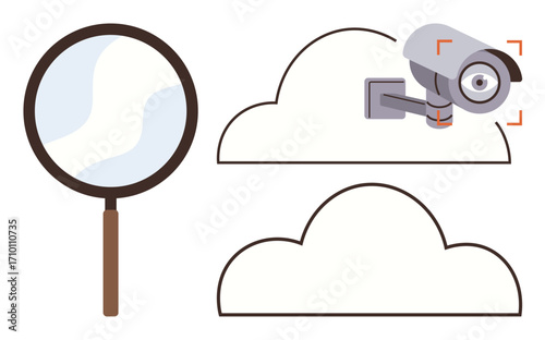 Magnifying glass and CCTV camera placed on cloud shapes emphasize investigation, surveillance, data privacy, cybersecurity, technology, cloud storage, protection. Ideal for tech, security analytics