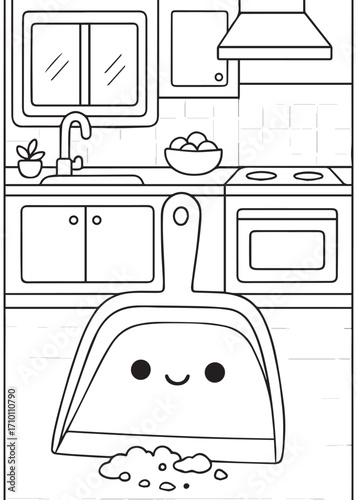 coloring book happy dustpan cleaning crumbs in kitchen interior line art fun coloring for kids