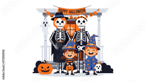 Happy Halloween family celebration: A fun Halloween illustration depicts a family dressed in Halloween costumes, standing in front of a festive house. Capturing the festive holiday