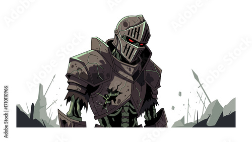 Knight of the Battlefield: An armored knight with a menacing gaze, set against a desolated battlefield backdrop, embodies the spirit of medieval combat, evoking the narrative of war, valor.