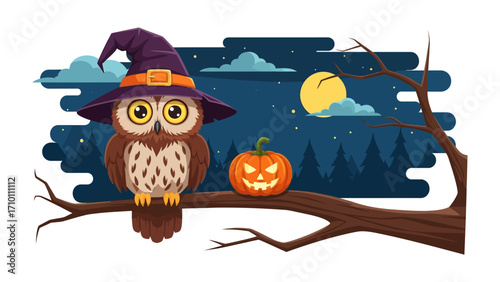 Enchanting Halloween Scene: An owl, donning a witch hat, perched on a gnarled branch alongside a glowing jack-o'-lantern under a moonlit sky.