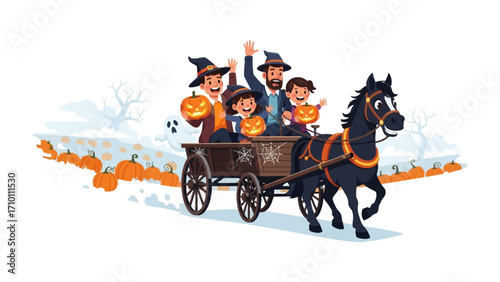Halloween Carriage Ride: A family dressed in festive attire joyfully embark on a carriage ride through a pumpkin patch, embodying the spirit of Halloween.