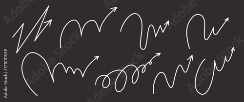 Bounce, quirky squiggly arrow lines with spiral and twist designs. Playful jump hand drawn elements. Includes ball motion paths for sports. Vector illustration isolated