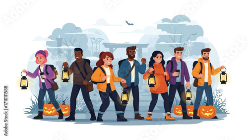 Spooky Hikers Gathering: A group of adventurous hikers, each illuminated by lanterns, stands together in front of the gate in a serene outdoor scene. It's a perfect harmony of night and day.
