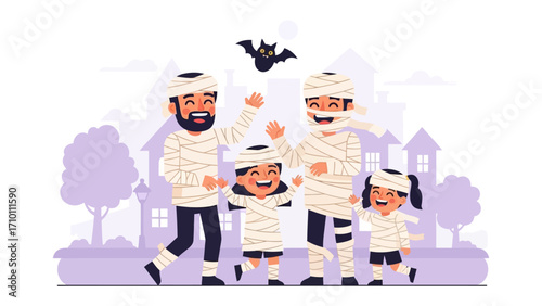 Halloween Mummy Family: A whimsical illustration depicts a family joyfully dressed as mummies, capturing the playful spirit of Halloween in a delightful scene.