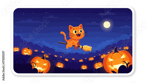 Whimsical Halloween Scene: A jovial ginger cat soars on a broomstick through a moonlit night sky, surrounded by glowing jack-o'-lanterns, pumpkins and a captivating atmosphere of seasonal delight.