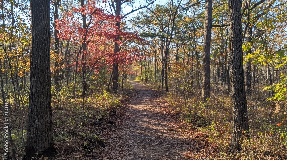 Obraz premium Scenic autumn trail through forest with vibrant foliage.