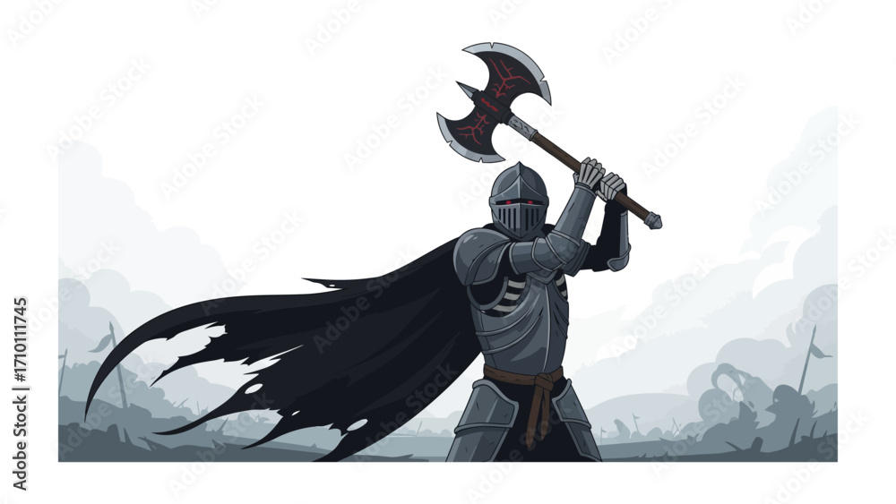 Αυτοκόλλητο Ancient Warrior's Resolve: A solitary warrior, clad in historical armor, defiantly wields a formidable axe, poised to confront an unseen enemy amid the fog of war