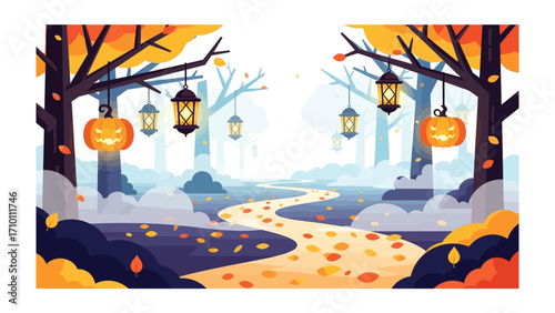 Enchanted Forest: A spooky yet whimsical autumn scene unfolds in a moonlit forest, featuring a path illuminated by jack-o'-lanterns and lanterns suspended from bare tree branches.