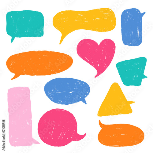 Playful crayon speech dialog text frames. Hand sketched Chalkboard box bubbles. Abstract chat Stickers and pencil clouds. Vector illustration