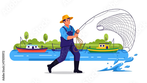 Cast Away: A man, animated in the art of the fishing industry, casts a net with practiced ease, boats bob in the tranquil expanse of water behind him. A perfect day on the lake