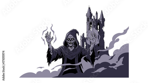 Enigmatic Sorcerer's Revelation: A hooded figure conjures ethereal energy before a foreboding castle, a monochrome illustration.