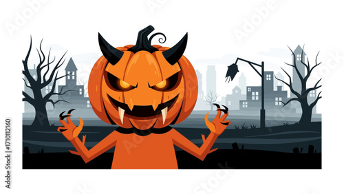 Pumpkin Devil: A Spooky Halloween character with sharp horns and sharp teeth, exuding a sense of the eerie. The cartoonish style is perfect for a Halloween card or social media.