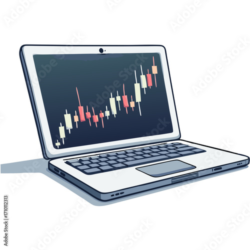Laptop candlestick chart stock market trading analysis financial data investment business technology device screen