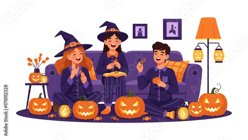 Halloween Night Delight: A group of children gleefully engage in the Halloween spirit, carving jack-o'-lanterns with enthusiasm, adorned in witch costumes, exuding the joy of Halloween night.