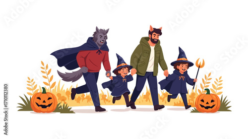 Happy Halloween Family: A family dressed in creative Halloween costumes, ready for trick-or-treating. pumpkins add to the seasonal charm.