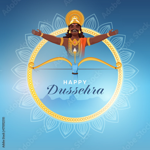 Illustration of Lord Rama with bow and quiver and Ravan for Dussehra festival template