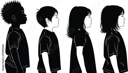 Black and white profile illustrations of diverse young children, boys and girls, side view, casual clothing, kids standing, ethnic diversity, children portraits
