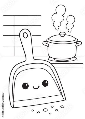coloring book kawaii dustpan cleaning crumbs beside hot pot cooking line art fun coloring for kids