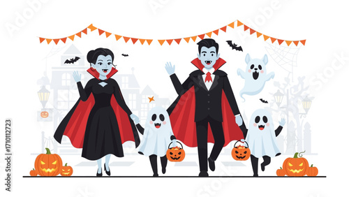 Spooky Halloween: A family of vampires and ghosts enjoys the Halloween night!