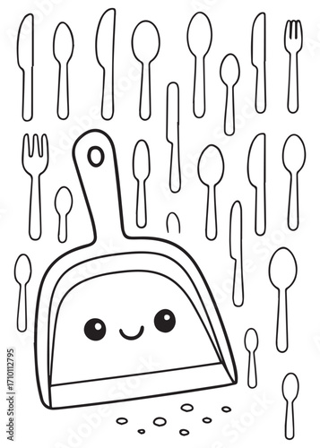 coloring book cute dustpan cleaning crumbs with background of many utensils line art for kids