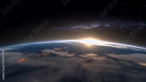 Aerial shot of Earth at night, with city lights visible below & stars above