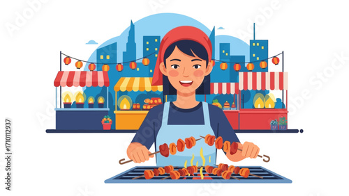 Culinary Artisan at Work: A skilled woman skillfully grilling skewers of delectable cuisine, her warm smile reflecting the joy of cooking. The vibrant street market bustles with life.