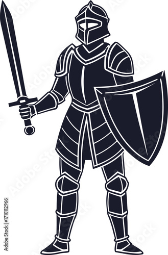 Vector art of a knight in shining armor standing with a sword and shield