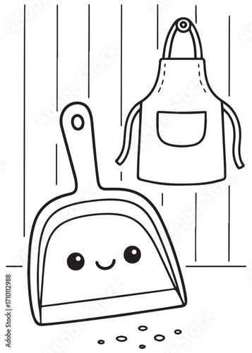coloring book kawaii dustpan cleaning crumbs with apron hanging on wall line art fun activity for kids