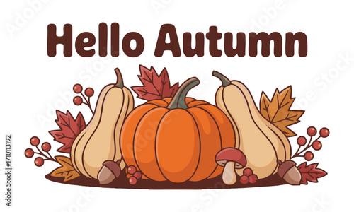 Hello Autumn Pumpkin and Leaves Flat Vector Illustration, Autumn Leaves and Pumpkins Flat Vector Set, easily editable and scalable.
