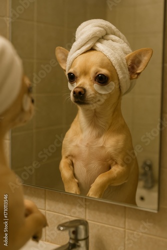 A small tan Chihuahua stands in front of a bathroom mirror. Anthropomorphic dog wears a white towel on its head, morning routine