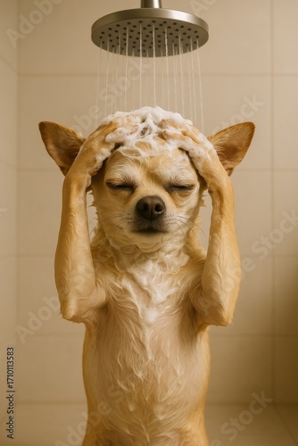 A small tan Chihuahua with a soapy head is standing under a shower. The anthropomorphic dog appears to be enjoying morning routine