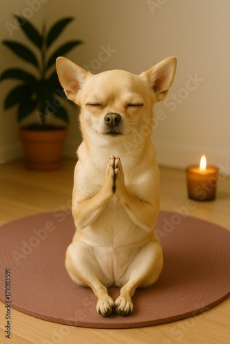 A small tan Chihuahua sits in a meditative pose. The anthropomorphic dog has its paws together, resembling a human in prayer