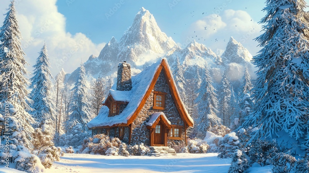 Cozy stone cabin nestled in snowy mountain forest.