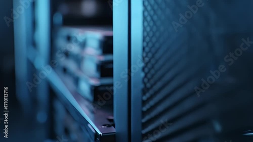 Server array with stacked hard drives in a cold, metallic blue server room