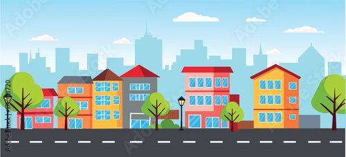 Modern city street with houses and public buildings. Flat vector urban landscape with road, sidewalk, trees, and city lights. vector illustration