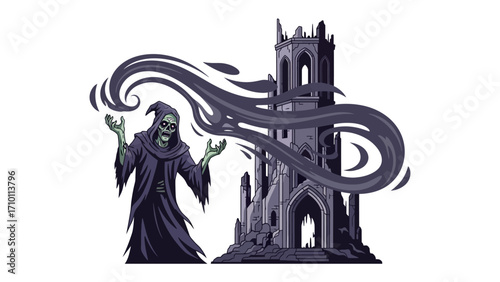 Sinister Entity and Ruined Structure: A spectral figure, draped in a dark robe, gestures towards a crumbling, gothic-style structure.