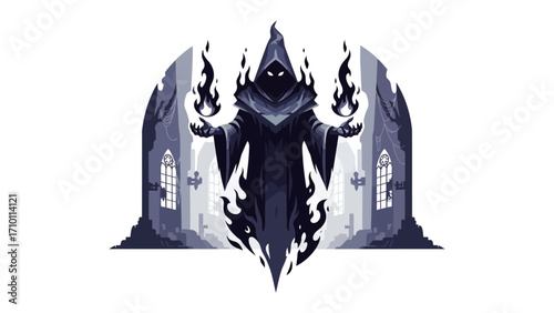 Dark Lord of the Night: A menacing figure emerges, cloaked in shadow and wielding ethereal flames against a backdrop of Gothic architecture, embodying the essence of darkness and mystery.