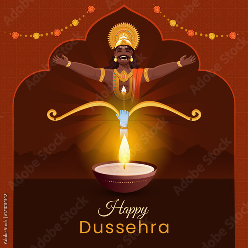 Illustration of Lord Rama with bow and quiver and Ravan for Dussehra festival template